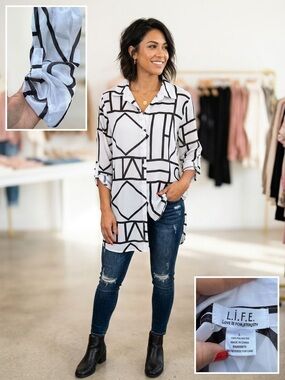 L.I.F.E. Lg Sheer Button Down Tunic Blouse Geometric Modernist Roll Tab Blk wht